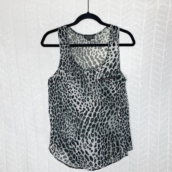 Topshop Tank Top Cheetah Print Sheer Sleeveless Front Zip Pocket Gray -6 - Picture 1 of 6